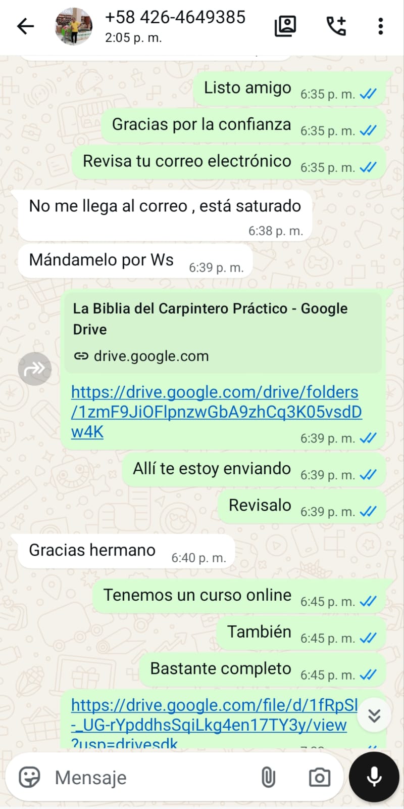 Conversación de WhatsApp con cliente satisfecho recibiendo el sistema