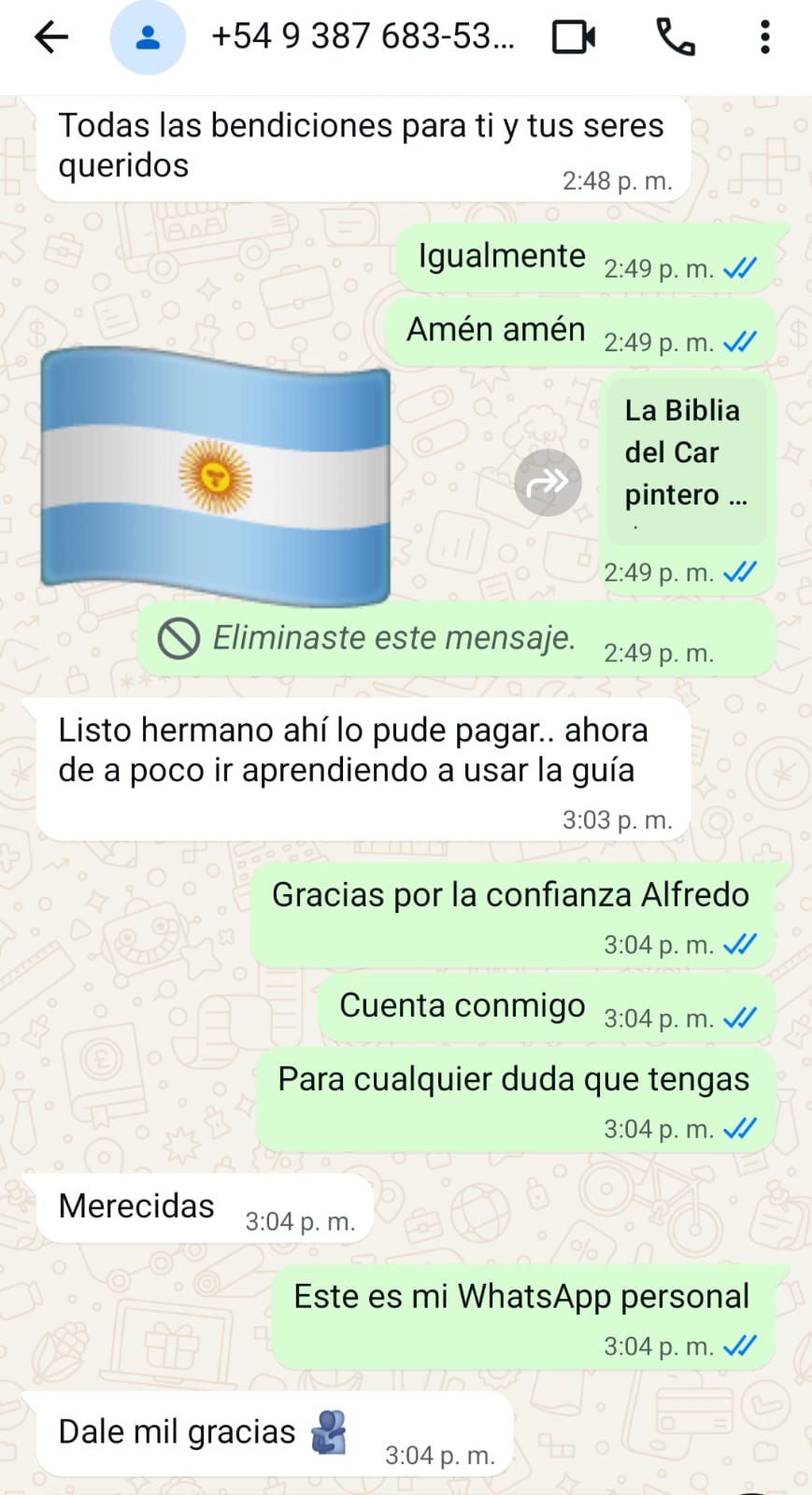 Conversación de WhatsApp con cliente argentino que completó la compra